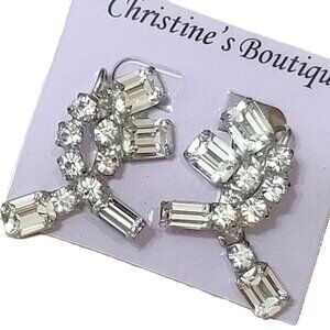 Rhinestone twist earrings, vintage clip ons